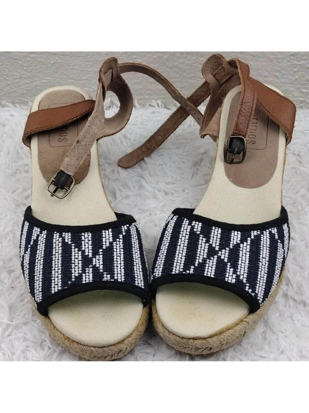 Soludos Tan Blue Embroidered Open Toe Wedged Heel Ankle Strap Espadrille Sandal